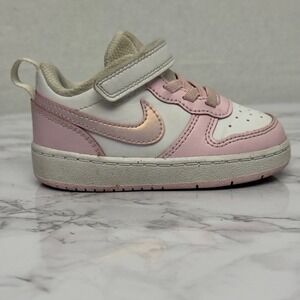 Nike Court Borough Low 2 Toddler Sneakers White Pink Hook and Loop‎ Size 6C